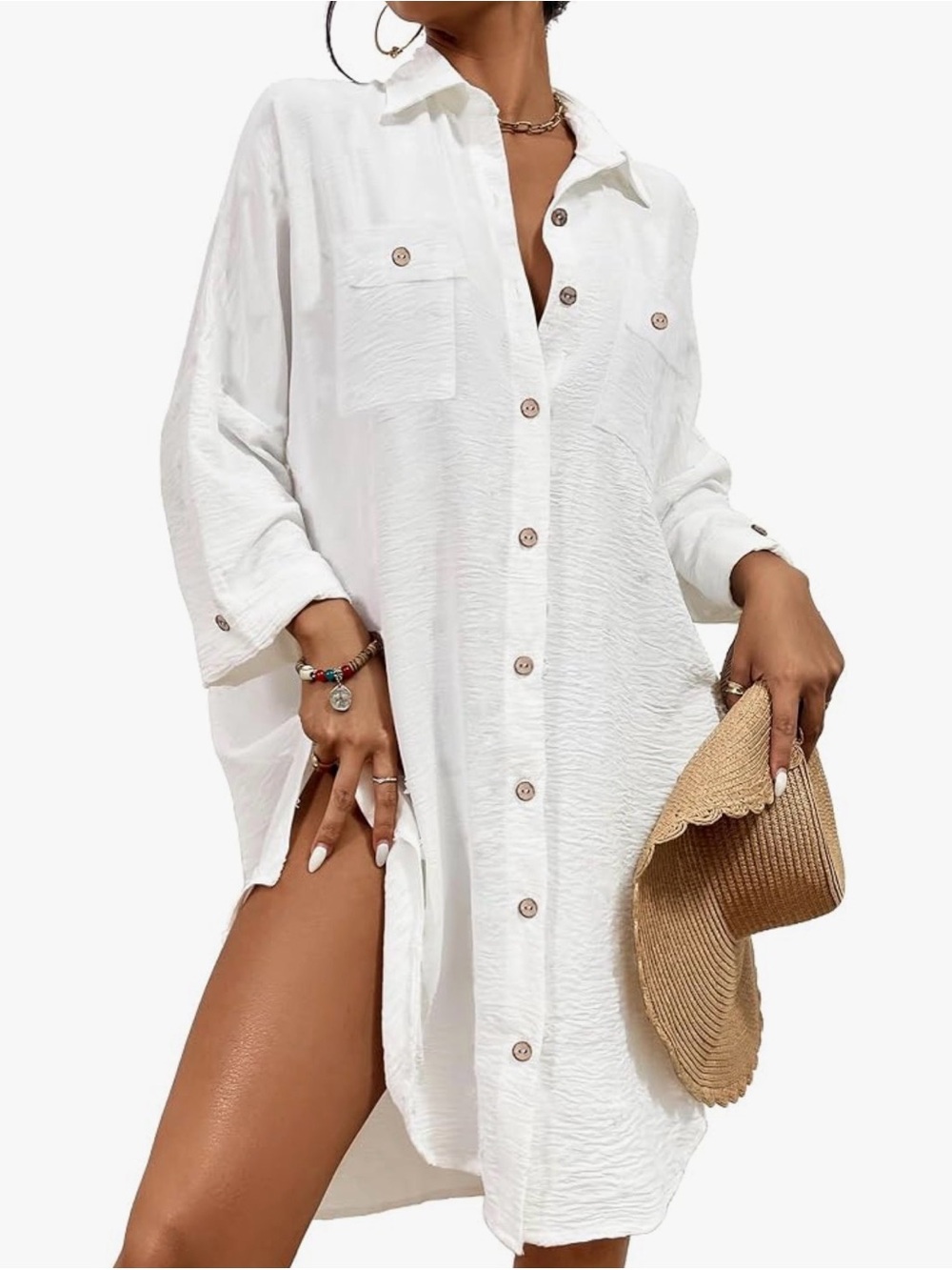 Breezy White Button-Front Swim Coverup Shirt